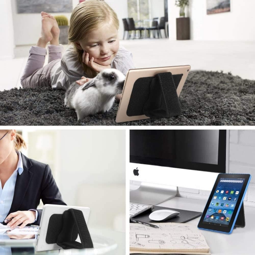 F Universal Tablet Hand Strap Holder - [Dual Stand Supports] Detachable Padded Hook & Loop Fastening Handle Grip with Adhesive Patch for iPad/Galaxy