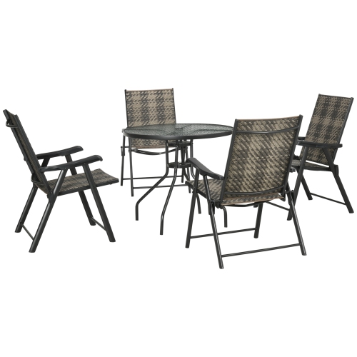 Ensemble de patio en osier de 5 pièces Outsunny, table de jardin ronde en verre de Φ31.5 po avec trou pour parasol, fauteuil pliant en rotin de polyé