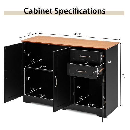 Costway Buffet Sideboard Kitchen Cupboard Storage Cabinet with 2 Drawers & 3 Doors Black