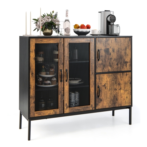 COSTWAY  Farmhouse Buffet Sideboard Console Table Cupboard With Metal Mesh Doors & Cabinets