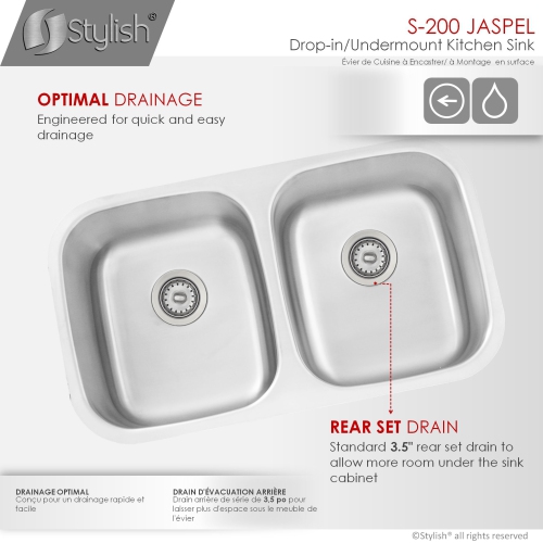 OPEN BOX - 33 inch Double Bowl Undermount and Drop-in Kitchen Sink, S-200T - GRADE A