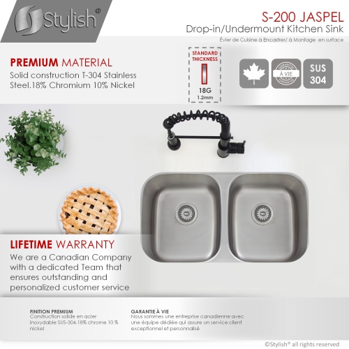 OPEN BOX - 33 inch Double Bowl Undermount and Drop-in Kitchen Sink, S-200T - GRADE A