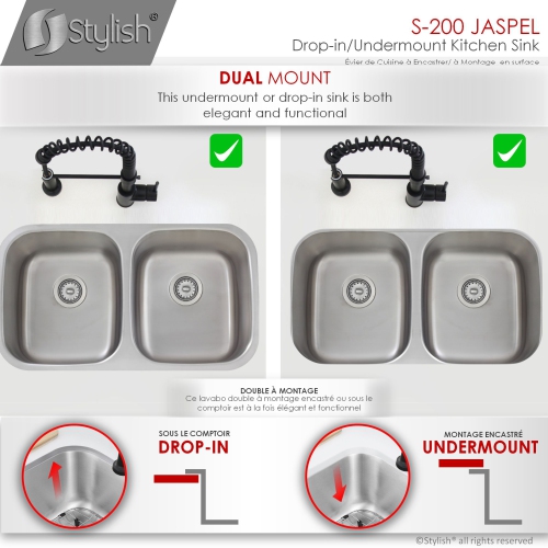 OPEN BOX - 33 inch Double Bowl Undermount and Drop-in Kitchen Sink, S-200T - GRADE A