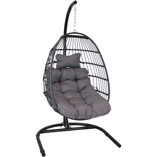 Sunnydaze Resin Wicker Hanging Egg Chair with Steel Stand/Cushions - Gray