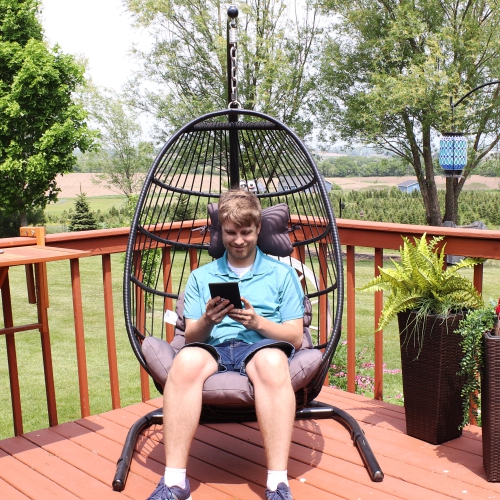 Sunnydaze Resin Wicker Hanging Egg Chair with Steel Stand/Cushions - Gray