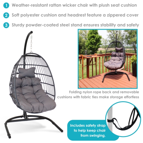 Sunnydaze Resin Wicker Hanging Egg Chair with Steel Stand/Cushions - Gray