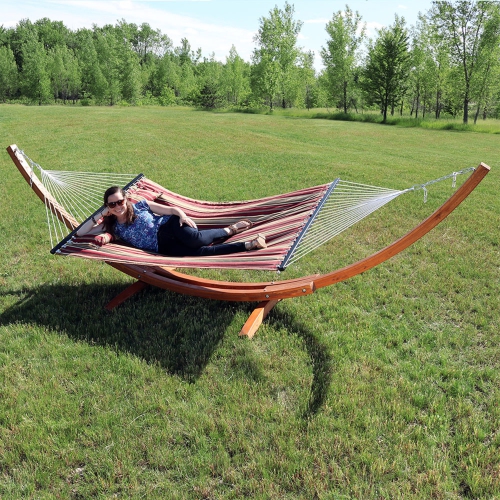 Sunnydaze 2-Person Quilted Hammock with Curved Wooden Stand - Red Stripe