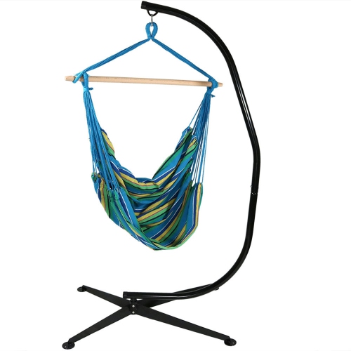 SUNNYDAZE DECOR  Sunnydaze Extra Large Cotton Hammock Chair And Steel C-Stand - Ocean Breeze