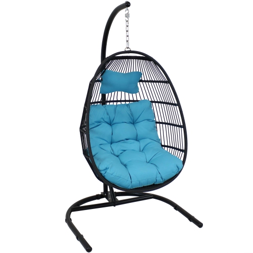 Sunnydaze Resin Wicker Hanging Egg Chair with Steel Stand/Cushions - Blue