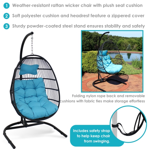 Sunnydaze Resin Wicker Hanging Egg Chair with Steel Stand/Cushions - Blue
