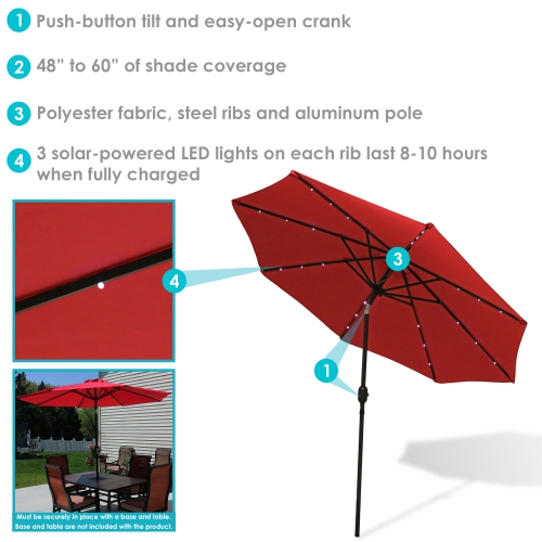 Parasol de patio solaire de 9 pi en aluminium avec manivelle et inclinaison de Sunnydaze - Rouge