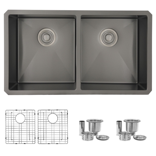 OPEN BOX A - 32 inch Graphite Black Double Bowl Undermount Stainless Steel Kitchen Sink with Grids and Basket Strainers S-701XN