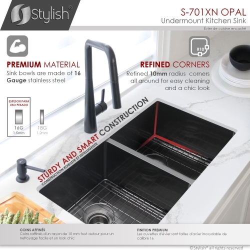 OPEN BOX A - 32 inch Graphite Black Double Bowl Undermount Stainless Steel Kitchen Sink with Grids and Basket Strainers S-701XN