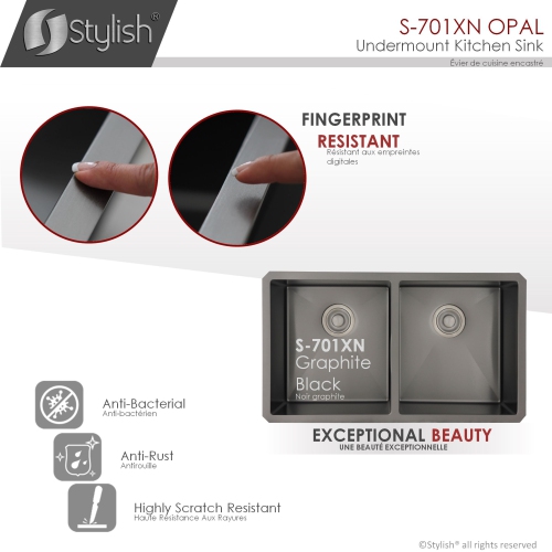 OPEN BOX A - 32 inch Graphite Black Double Bowl Undermount Stainless Steel Kitchen Sink with Grids and Basket Strainers S-701XN