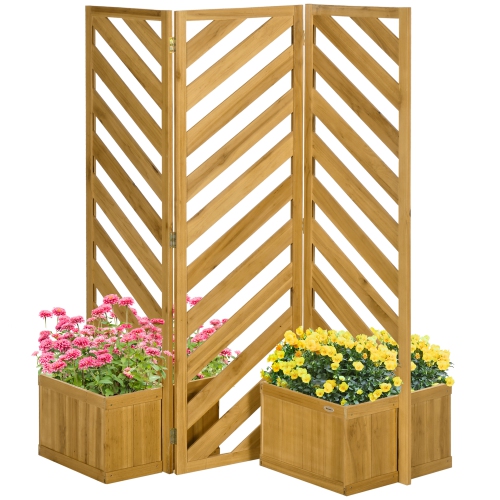 OUTSUNNY  Freestanding Outdoor Privacy Screen \w 4 Self-Draining Raised Garden Beds, 3 Hinged Privacy Panels And for Hot Tub, Pool, Patio, Backyard