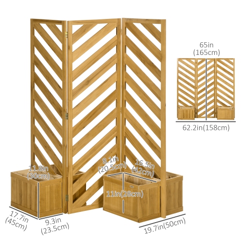 Outsunny Freestanding Outdoor Privacy Screen with 4 Self-Draining Raised Garden Beds, 3 Hinged Privacy Panels and for Hot Tub, Pool, Patio, Backyard,