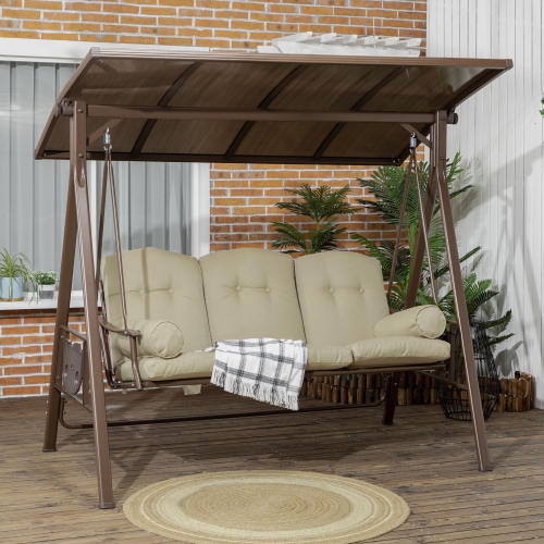 Outsunny 3-Seat Patio Swing Chair, Outdoor Canopy Swing Glider with Cushion, Pillows and Adjustable Polycarbonate Canopy for Porch, Garden, Poolside,