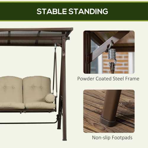 Outsunny 3-Seat Patio Swing Chair, Outdoor Canopy Swing Glider with Cushion, Pillows and Adjustable Polycarbonate Canopy for Porch, Garden, Poolside,