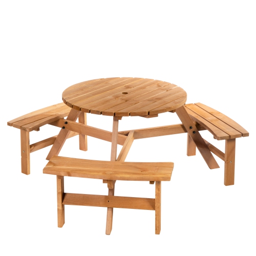 OUTSUNNY  6 Person Round Picnic Table Bench Set With Umbrella Hole, Wood Patio Table With 3 Built-In Benches for Garden, Deck, Backyard In Brown