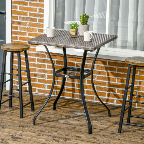 Outsunny Patio Wicker Dining Table with Umbrella Hole, 34 Inch Outdoor PE Rattan Coffee Table with Plastic Board Under the Woven Table Top for Patio,