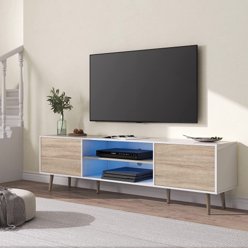 WAMPAT Mid-Century Modern TV Stand with Blue LED Strip Lights for TVs up to 75" Flat Screen, Home Entertainment Centerfor Living Room Bedroom, 70