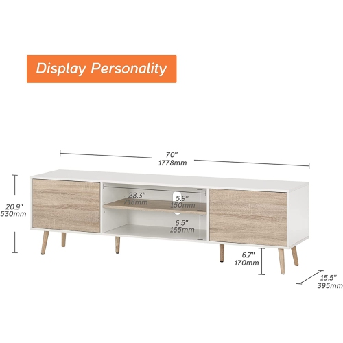 WAMPAT Mid-Century Modern TV Stand with Blue LED Strip Lights for TVs up to 75" Flat Screen, Home Entertainment Centerfor Living Room Bedroom, 70