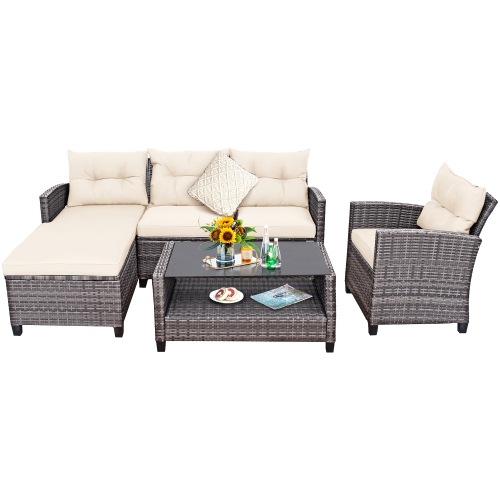 GYMAX  4PCs Rattan Patio Conversation Furniture Set Outdoor Sectional Sofa Set In White