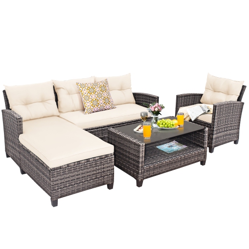 Gymax 4PCS Rattan Patio Conversation Furniture Set Outdoor Sectional Sofa Set White