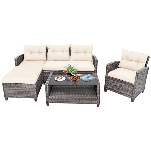 Gymax 4PCS Rattan Patio Conversation Furniture Set Outdoor Sectional Sofa Set White