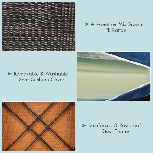 Gymax 4PCS Acacia Wood Patio Furniture Set Rattan Conversation Set w/ Navy Cushions