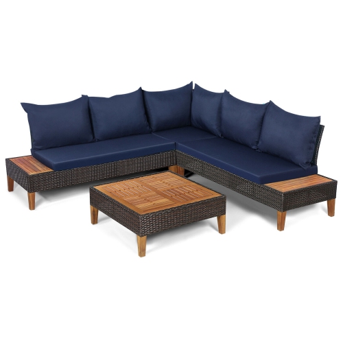 Gymax 4PCS Acacia Wood Patio Furniture Set Rattan Conversation Set w/ Navy Cushions