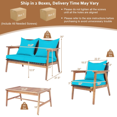 Gymax 8PCS Patio Conversation Set Wood Frame Furniture Set w/ Turquoise & Black Cushions