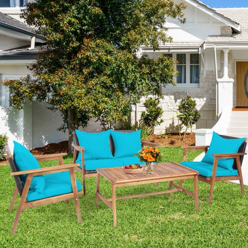 Gymax 8PCS Patio Conversation Set Wood Frame Furniture Set w/ Turquoise & Black Cushions