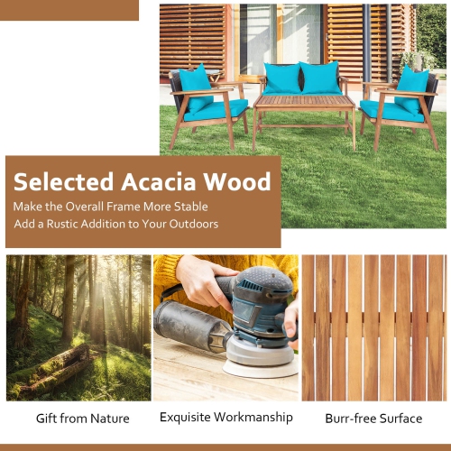 Gymax 8PCS Patio Conversation Set Wood Frame Furniture Set w/ Turquoise & Black Cushions