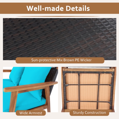 Gymax 8PCS Patio Conversation Set Wood Frame Furniture Set w/ Turquoise & Black Cushions