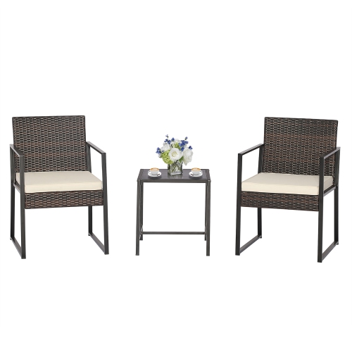 Gymax 3PCS Patio Rattan Hand-Woven PE Wicker Bistro Set Outdoor Furniture Set w/ Table & Cushion
