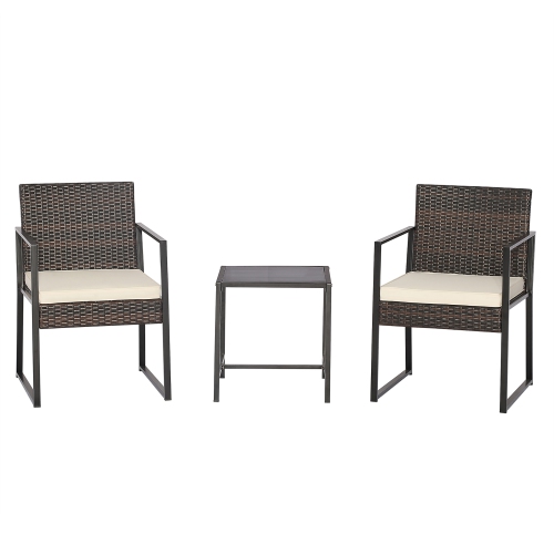 Gymax 3PCS Patio Rattan Hand-Woven PE Wicker Bistro Set Outdoor Furniture Set w/ Table & Cushion