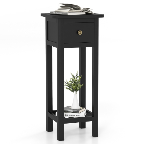 GYMAX  Solid Wood Side Table Rectangular Sofa Side Table W/ Acacia Wood Top Telephone Table In Black