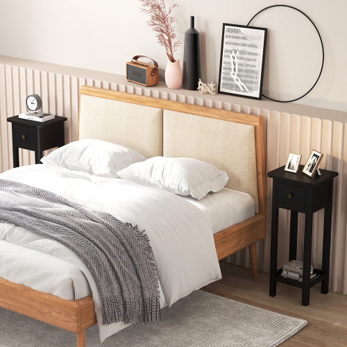 Gymax 2PCS Solid Wood Side Table Rectangular Sofa Side Table w/ Acacia Wood Top Telephone Table White