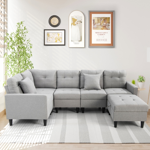 Gymax L-shaped Sectional Corner Sofa Set Living Room Furniture w/ Storage Ottoman