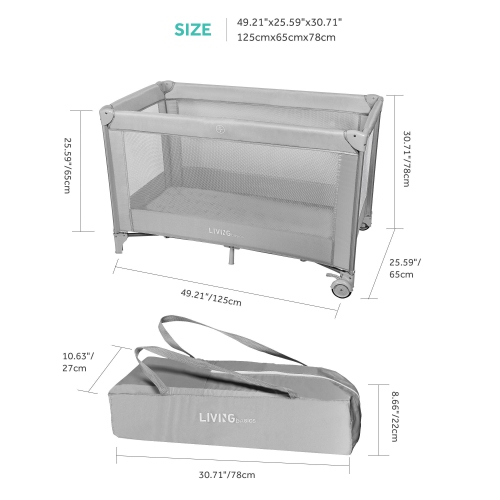 LIVINGbasics Baby Playard , Foldable Baby Playpen for Toddlers Kids Safe Play Center with Packing Bag and 2 Wheels