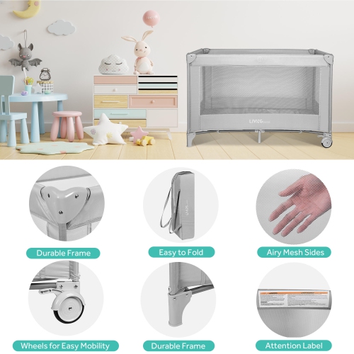 LIVINGbasics Baby Playard , Foldable Baby Playpen for Toddlers Kids Safe Play Center with Packing Bag and 2 Wheels