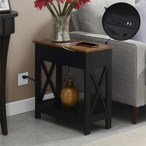 Oxford Flip-Top End Table with Charging Station and Shelf in Black Wood Finish