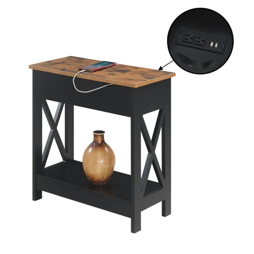 Oxford Flip-Top End Table with Charging Station and Shelf in Black Wood Finish