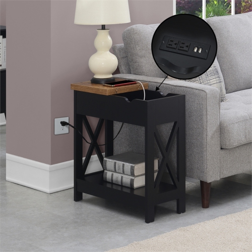 Oxford Flip-Top End Table with Charging Station and Shelf in Black Wood Finish