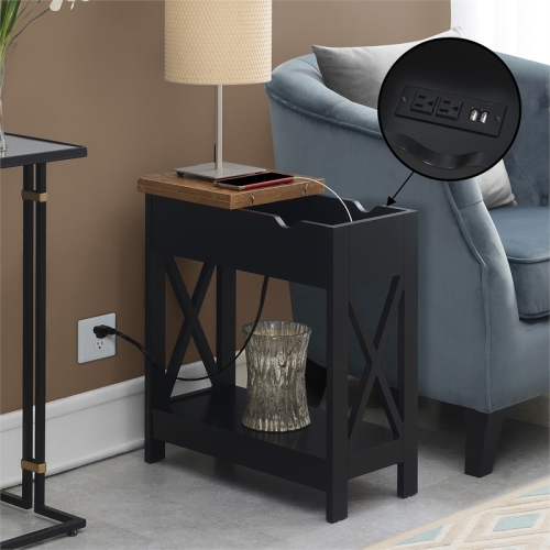 Oxford Flip-Top End Table with Charging Station and Shelf in Black Wood Finish