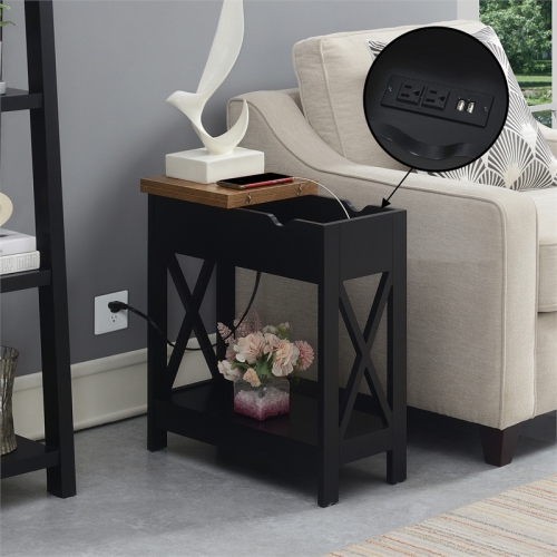 Oxford Flip-Top End Table with Charging Station and Shelf in Black Wood Finish