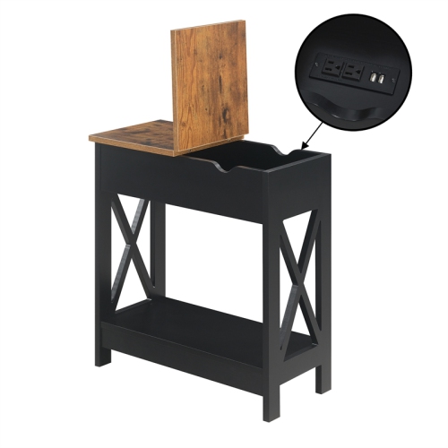 Oxford Flip-Top End Table with Charging Station and Shelf in Black Wood Finish
