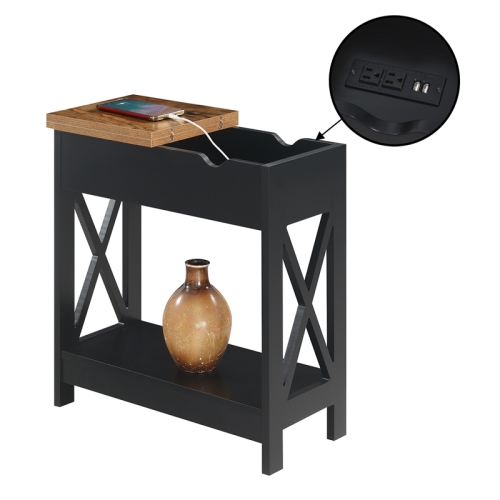 Oxford Flip-Top End Table with Charging Station and Shelf in Black Wood Finish
