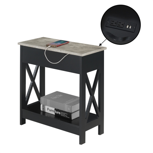 Oxford Flip-Top End Table with Charging Station and Shelf in Black Wood Finish